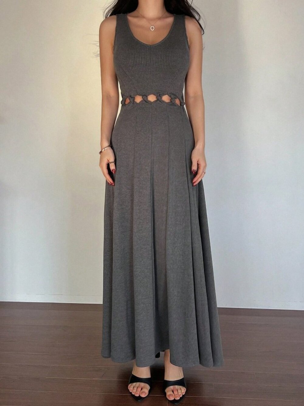 Grey Casual Women's Strap Hollow Back V-Neck Dress - Picture 4 of 5